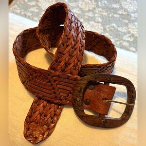 Leather N Things Handmade Woven Belt with Carved Wooden Buckle